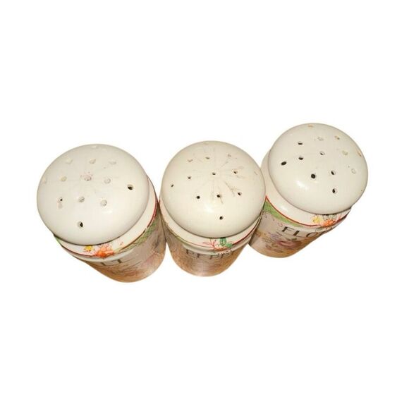 Antique Handpainted Japanese Spice Jar Set: Floral Design Salt, Pepper, Flour - Picture 7 of 8